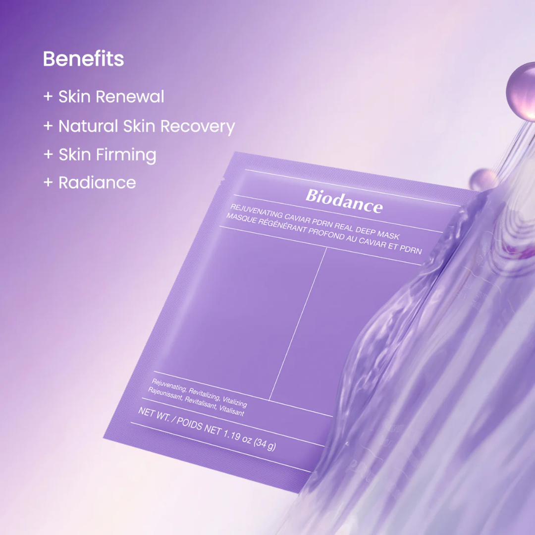 Biodance Rejuvenating Caviar PDRN Real Deep Mask, υδρογελώδης μάσκα προσώπου 34g σε λευκή και χρυσή συσκευασία, σχεδιασμένη για βαθιά ενυδάτωση, επανόρθωση του δερματικού φραγμού και αναζωογόνηση