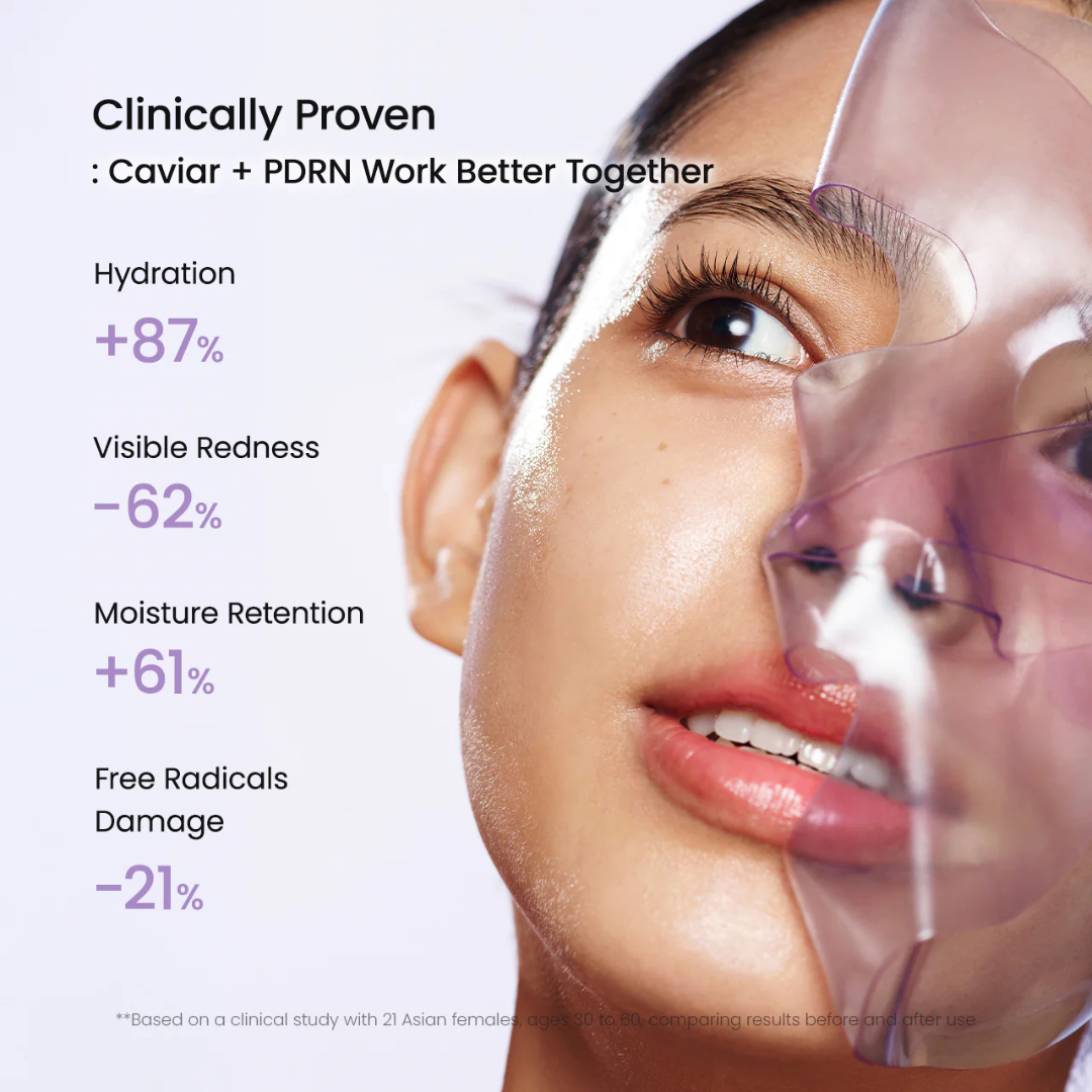 Biodance Rejuvenating Caviar PDRN Real Deep Mask, υδρογελώδης μάσκα προσώπου 34g σε λευκή και χρυσή συσκευασία, σχεδιασμένη για βαθιά ενυδάτωση, επανόρθωση του δερματικού φραγμού και αναζωογόνηση.