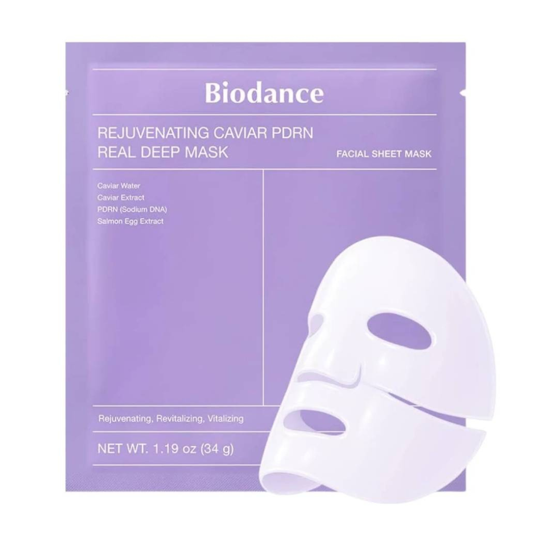 Biodance Rejuvenating Caviar PDRN Real Deep Mask, υδρογελώδης μάσκα προσώπου 34g σε λευκή και χρυσή συσκευασία, σχεδιασμένη για βαθιά ενυδάτωση, επανόρθωση του δερματικού φραγμού και αναζωογόνηση.