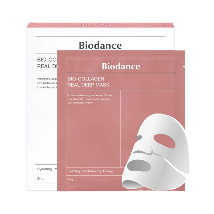 Biodance Bio-Collagen Real Deep Mask Set 4 τεμαχίων (34g), μάσκα προσώπου κολλαγόνου σε ροζ συσκευασία.