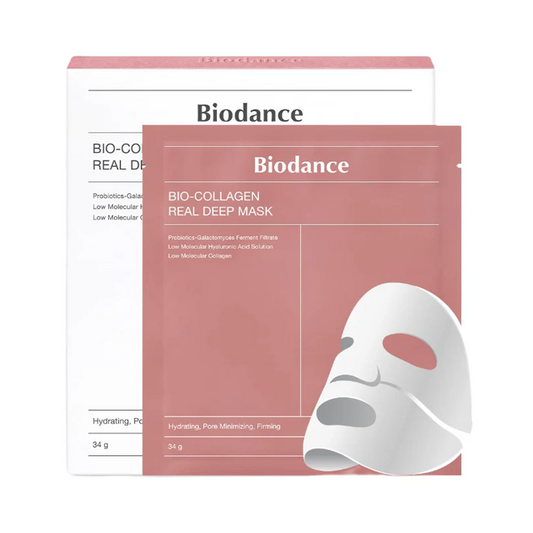 Biodance Bio-Collagen Real Deep Mask Set 4 τεμαχίων (34g), μάσκα προσώπου κολλαγόνου σε ροζ συσκευασία.