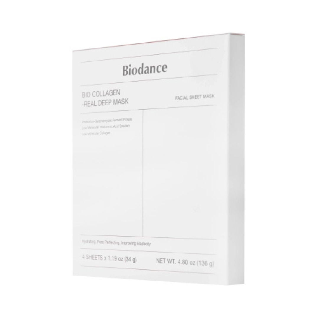 Biodance Bio-Collagen Real Deep Mask Set 4 τεμαχίων (34g), μάσκα προσώπου κολλαγόνου σε ροζ συσκευασία.